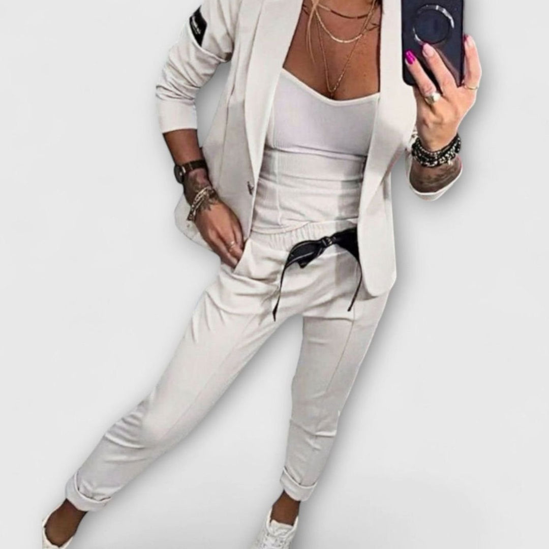 Women's Three-Piece Winter Coat Blazer Jogger Set - White