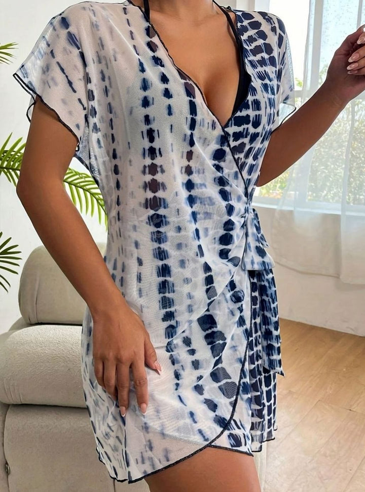 Women's Tie-Dye V-Neck Wrap Swimsuit Cover-Up Mini Dress