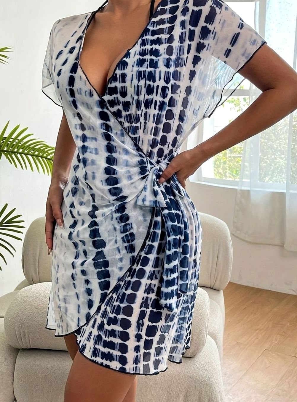 Women's Tie-Dye V-Neck Wrap Swimsuit Cover-Up Mini Dress