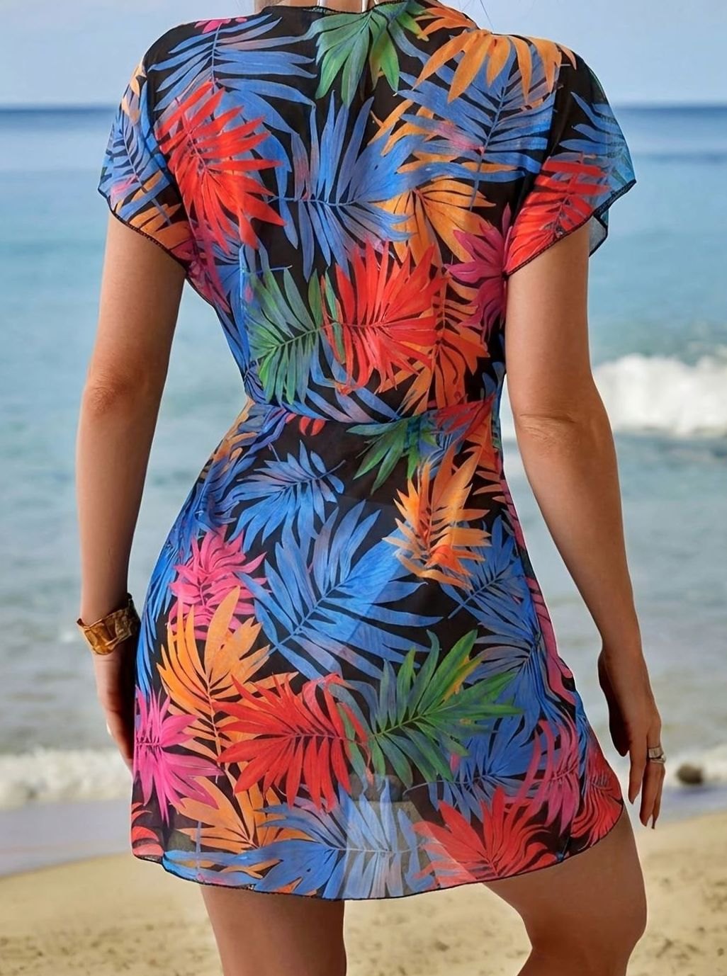 Women's Tie-Dye V-Neck Wrap Swimsuit Cover-Up Mini Dress