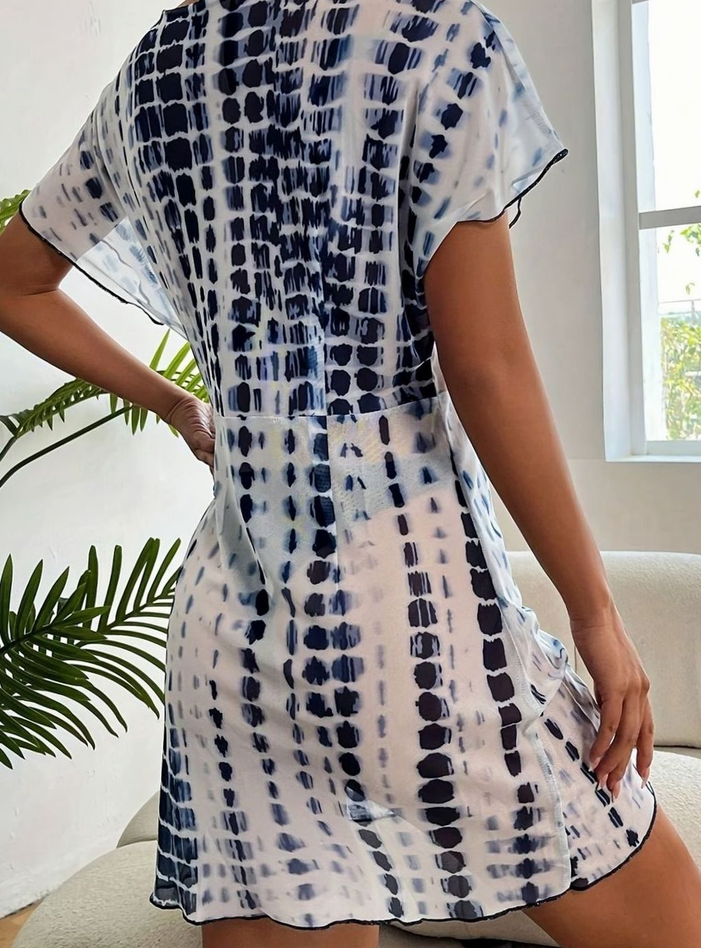 Women's Tie-Dye V-Neck Wrap Swimsuit Cover-Up Mini Dress