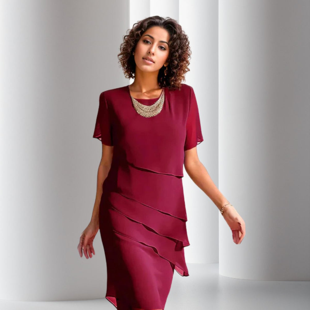 Women's Tiered Chiffon Cocktail Party Dress Short Sleeve - Red