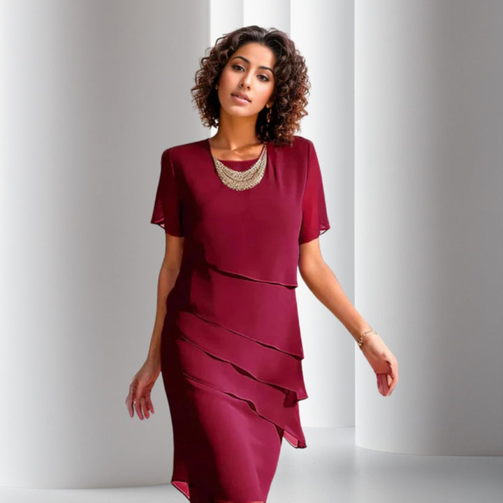 Women's Tiered Chiffon Cocktail Party Dress Short Sleeve - Red