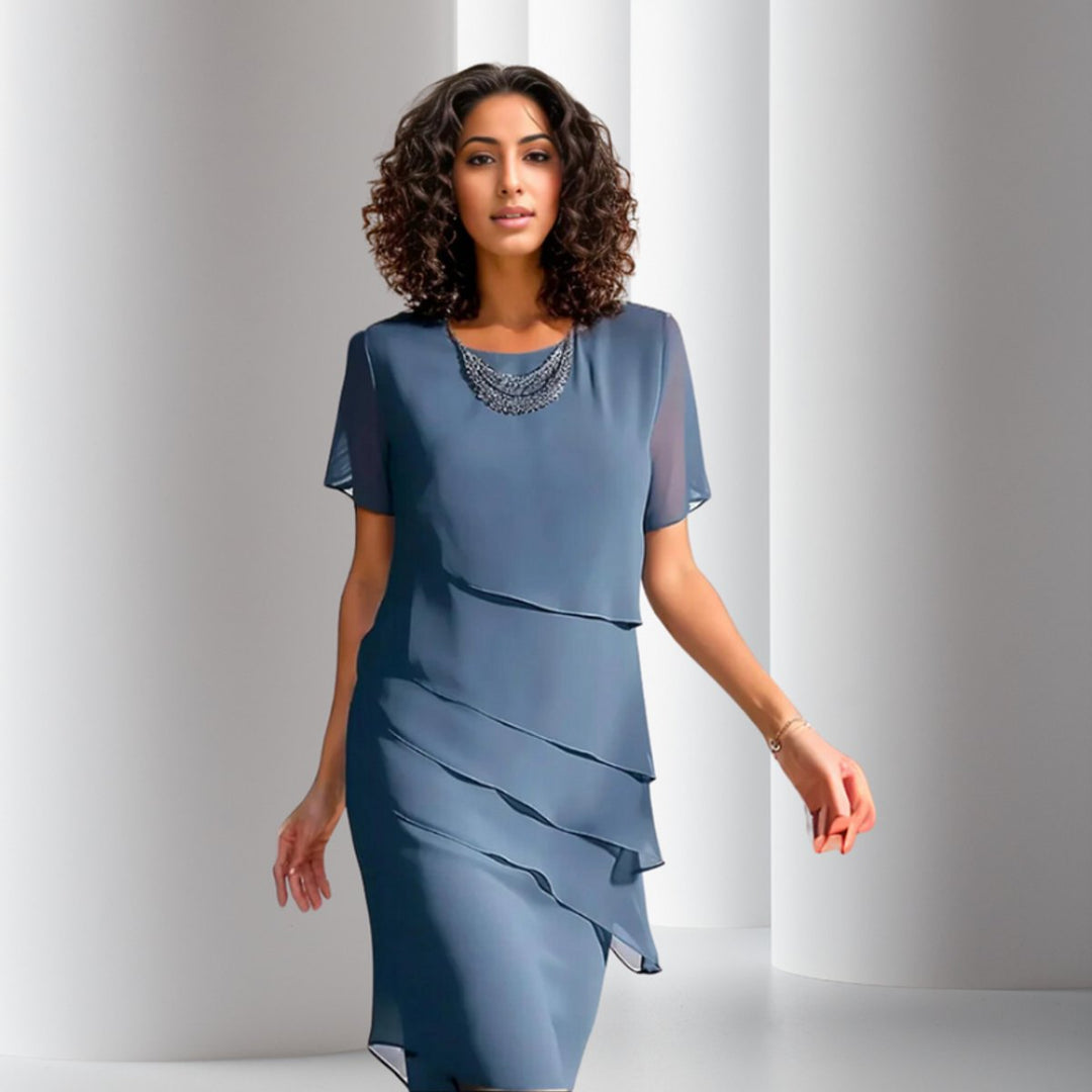 Women's Tiered Chiffon Cocktail Party Dress Short Sleeve - Blue