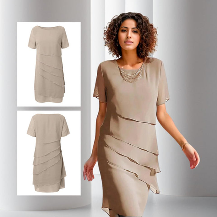 Women's Tiered Chiffon Cocktail Party Dress Short Sleeve