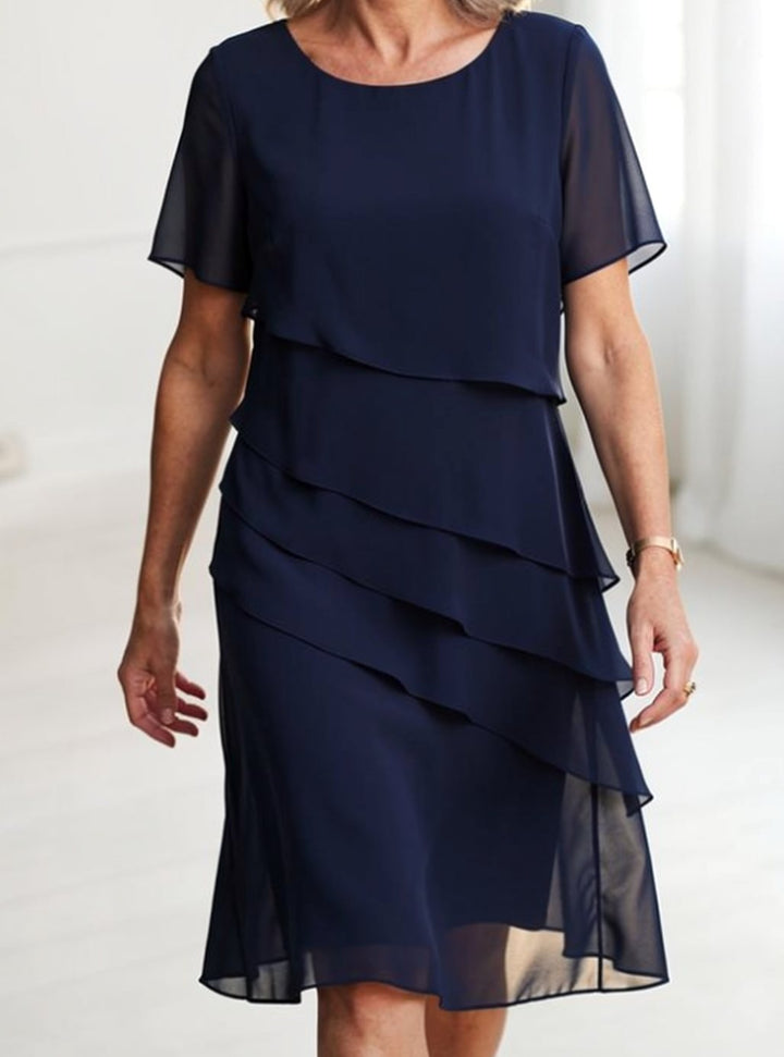 Women's Tiered Chiffon Round-Neck Short-Sleeve Midi Dress - Navy Blue