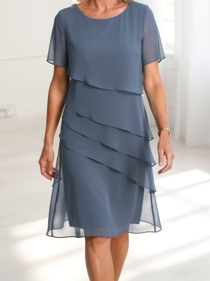 Women's Tiered Chiffon Round-Neck Short-Sleeve Midi Dress - Blue