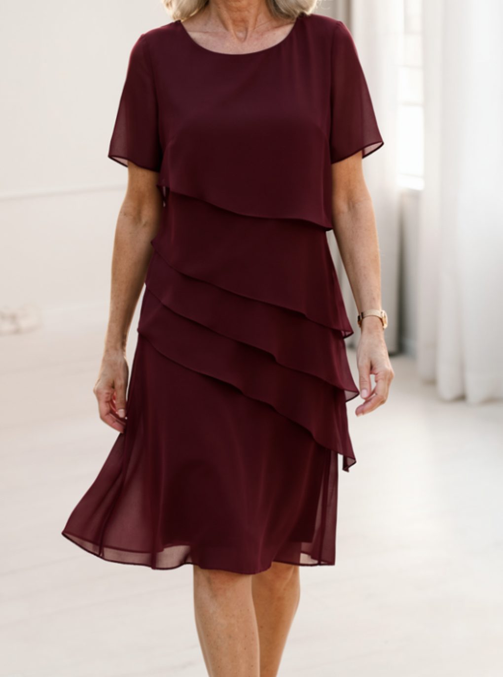 Women's Tiered Chiffon Round-Neck Short-Sleeve Midi Dress - Red