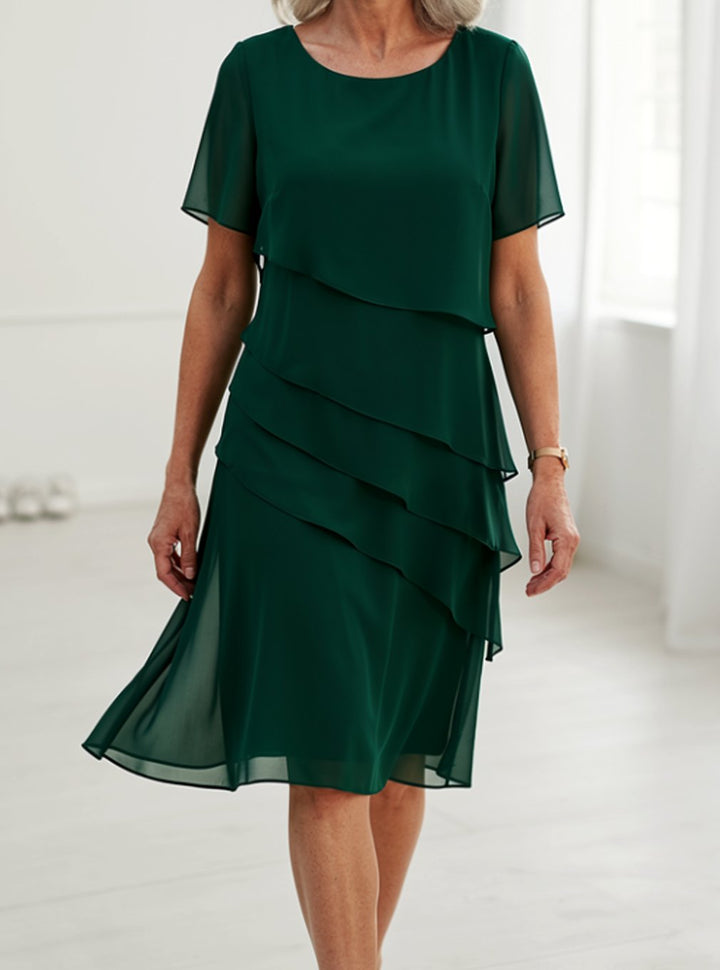 Women's Tiered Chiffon Round-Neck Short-Sleeve Midi Dress - Green