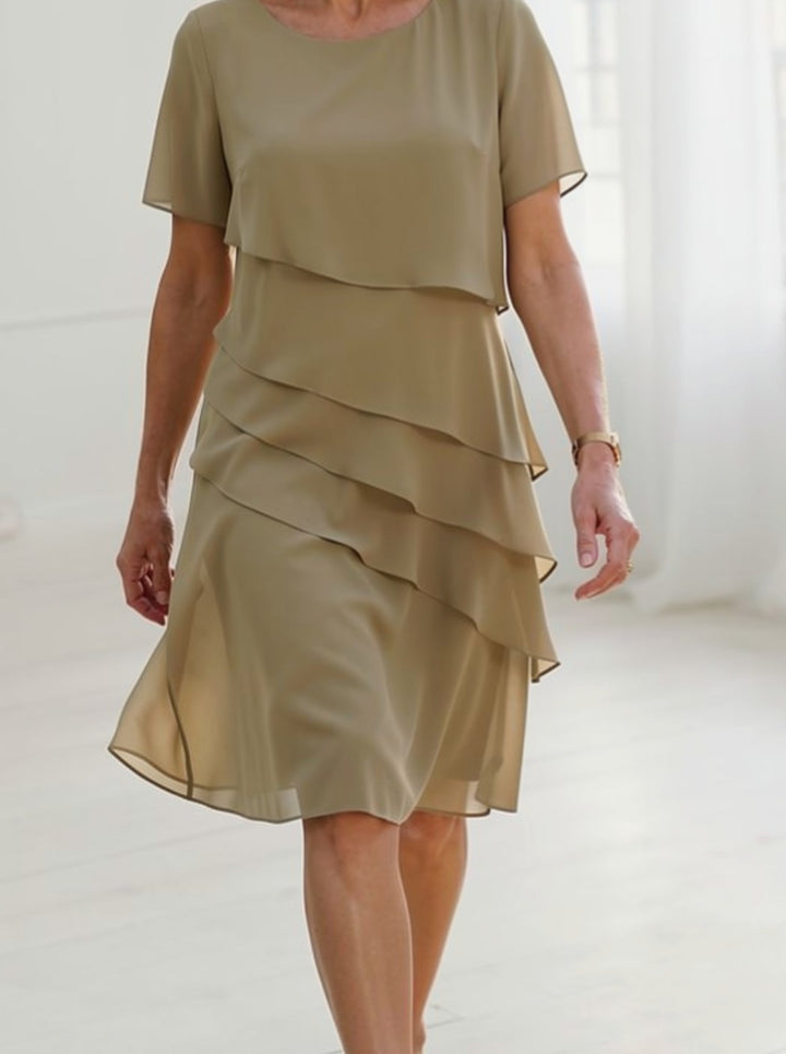 Women's Tiered Chiffon Round-Neck Short-Sleeve Midi Dress - Khaki