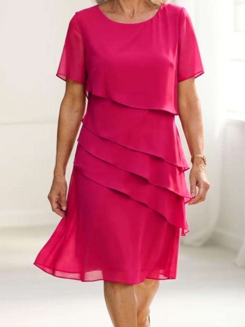 Women's Tiered Chiffon Round-Neck Short-Sleeve Midi Dress - Pink