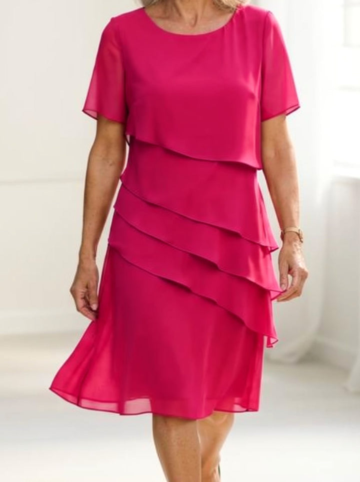Women's Tiered Chiffon Round-Neck Short-Sleeve Midi Dress - Pink