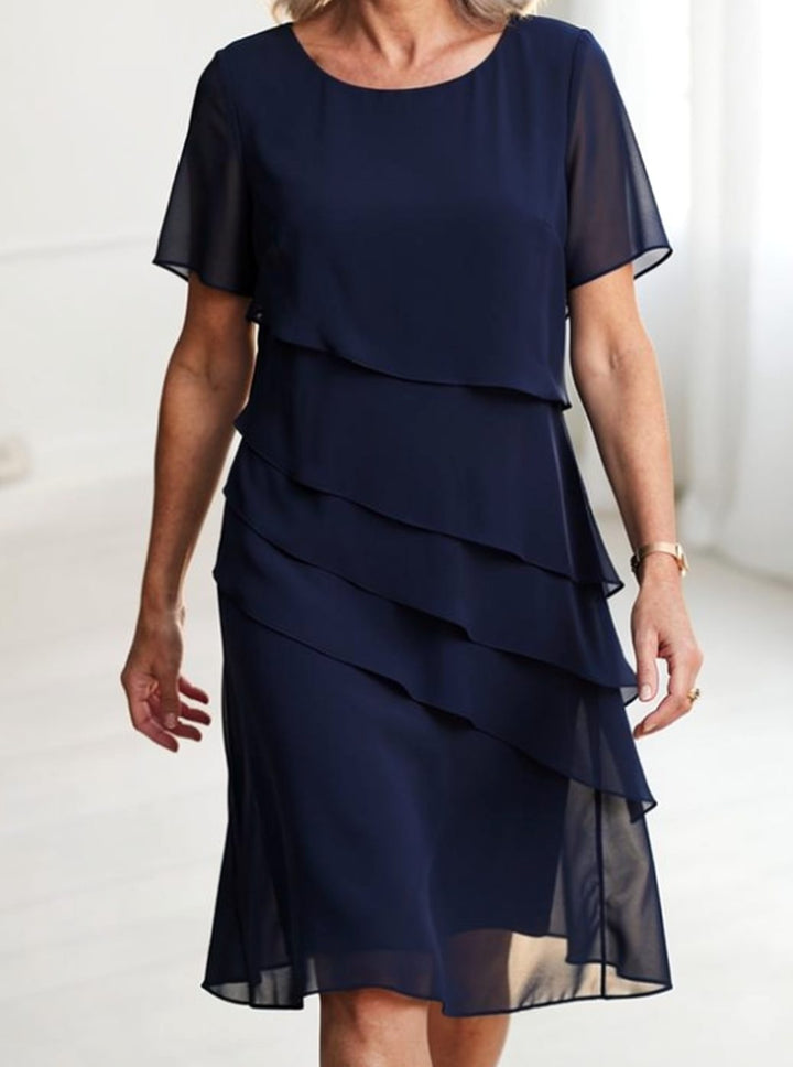 Women's Tiered Chiffon Ruffle Midi Dress Short Sleeve - Navy Blue