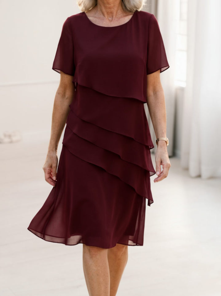 Women's Tiered Chiffon Ruffle Midi Dress Short Sleeve - Red