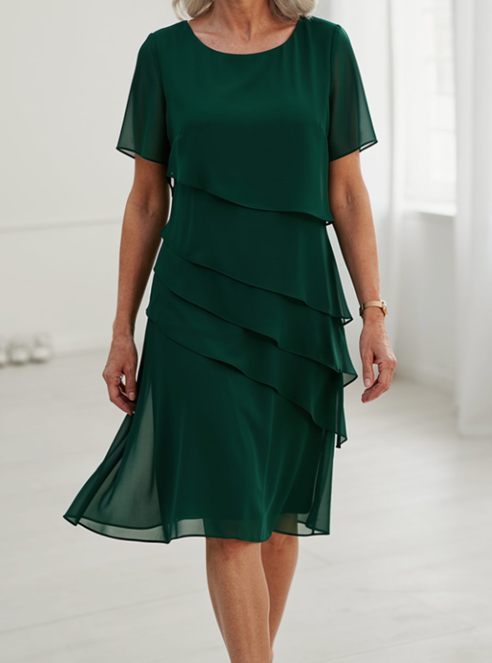Women's Tiered Chiffon Ruffle Midi Dress Short Sleeve - Green