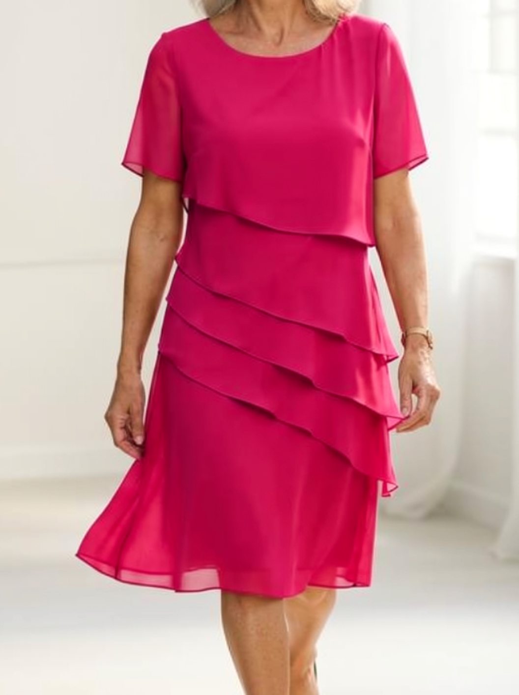 Women's Tiered Chiffon Ruffle Midi Dress Short Sleeve - Pink