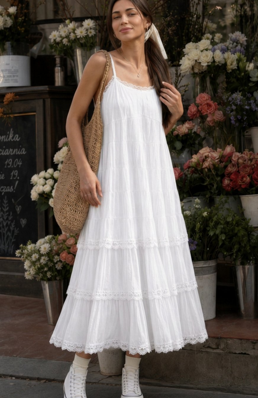 Women's Tiered Lace Spaghetti Strap Cotton Midi Dress - White