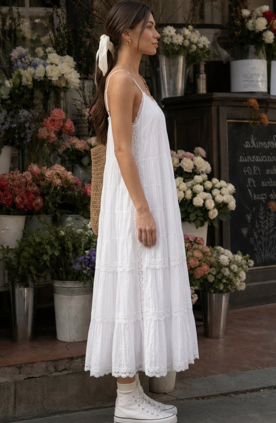 Women's Tiered Lace Spaghetti Strap Cotton Midi Dress