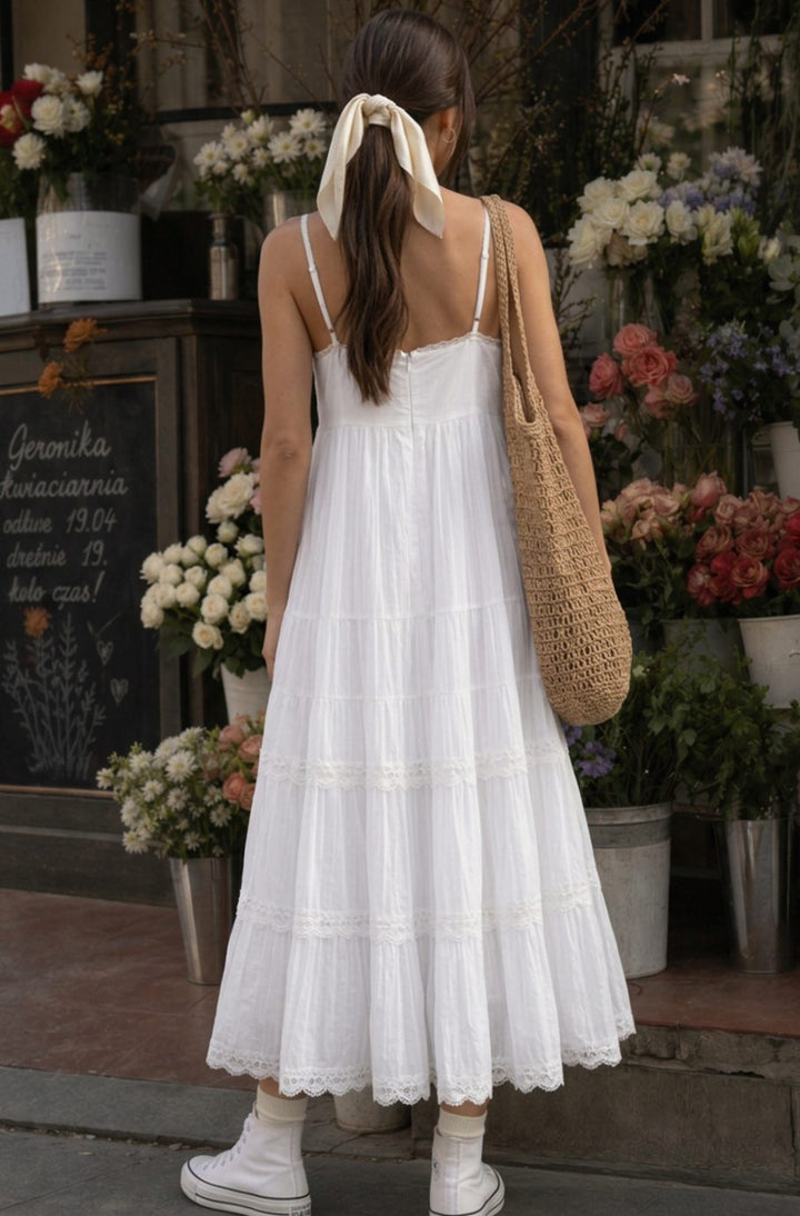 Women's Tiered Lace Spaghetti Strap Cotton Midi Dress