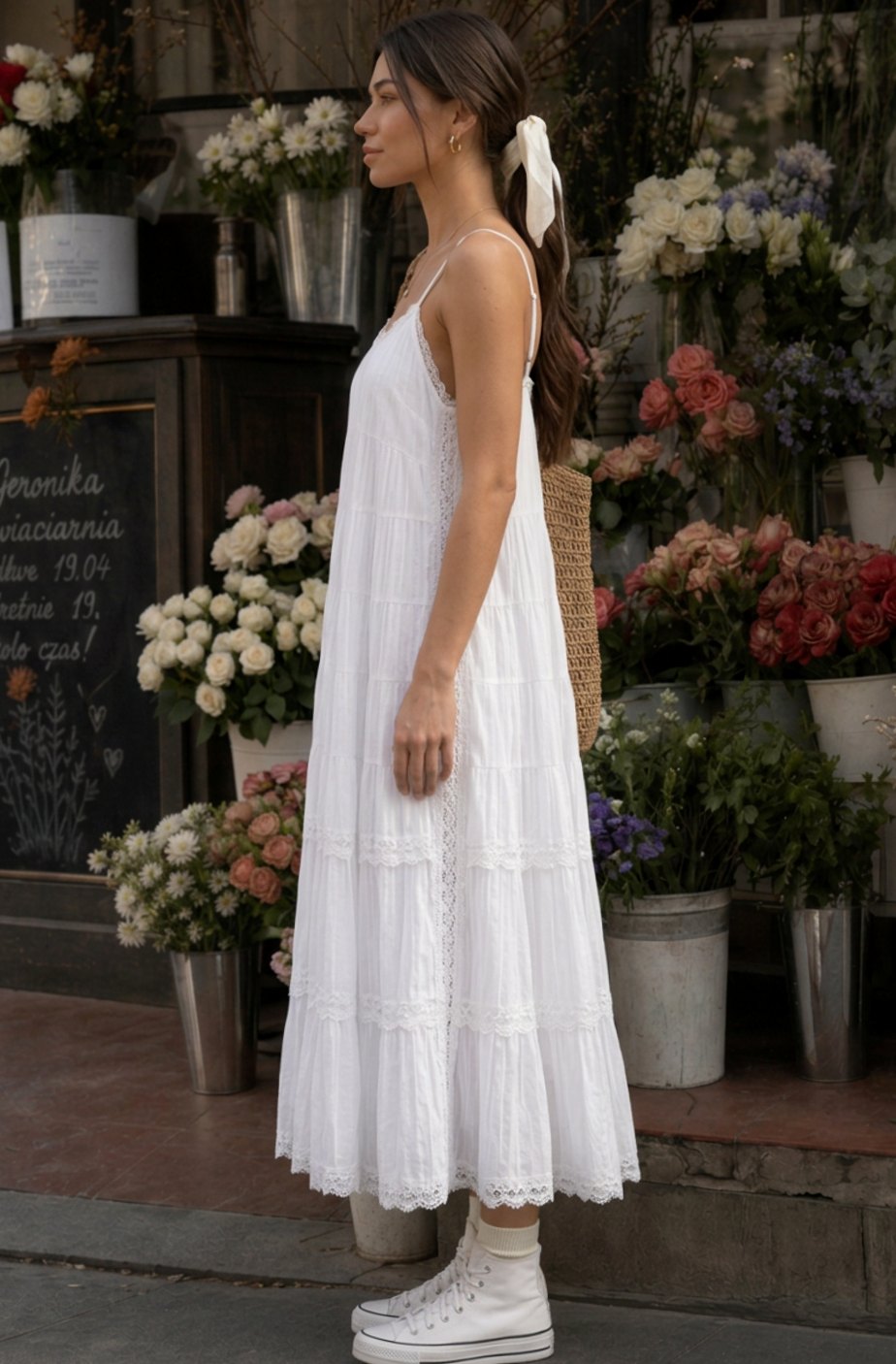 Women's Tiered Lace Spaghetti Strap Cotton Midi Dress
