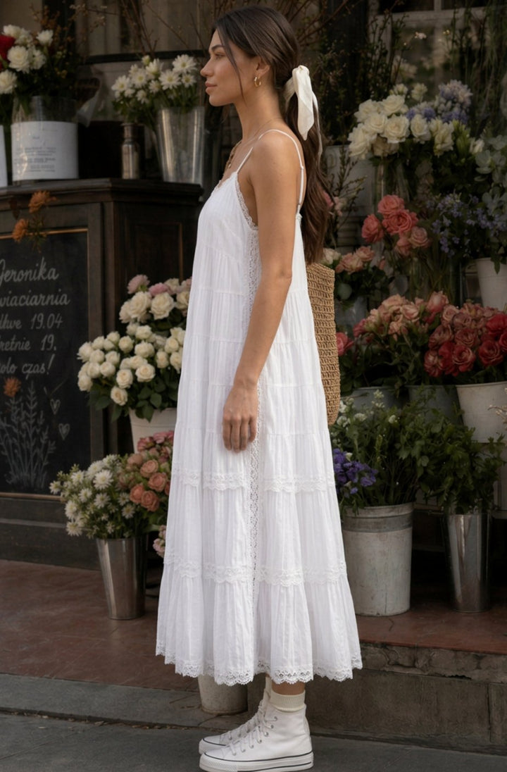 Women's Tiered Lace Spaghetti Strap Cotton Midi Dress