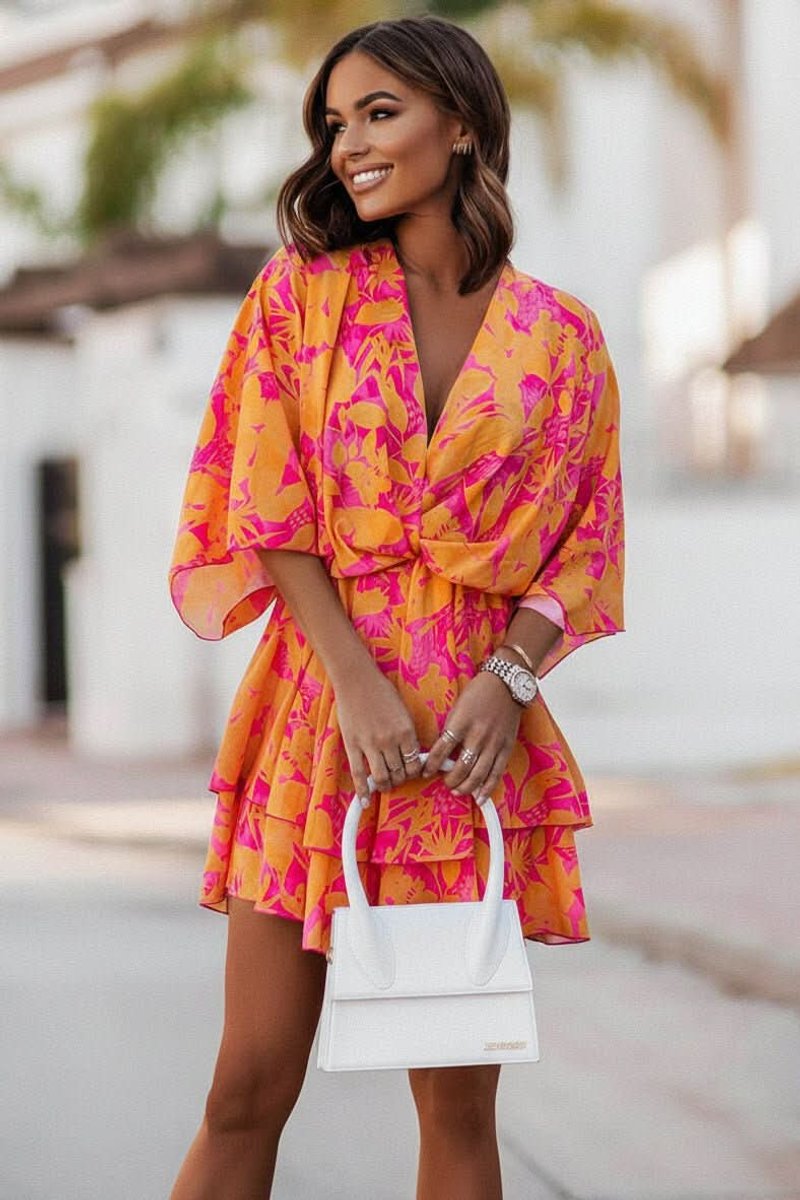Women's Tropical Print Boho Mini Cocktail Dress Flared Tiered - Orange