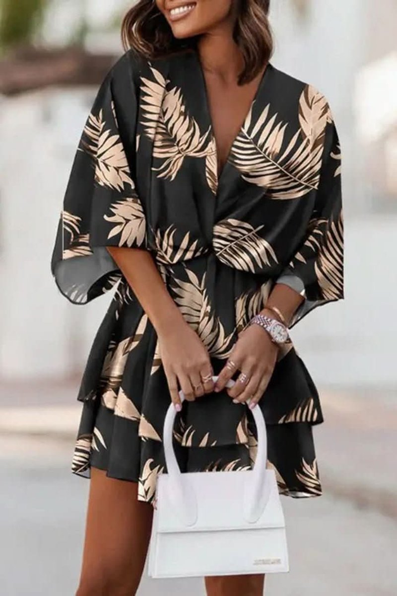 Women's Tropical Print Boho Mini Cocktail Dress Flared Tiered - Black