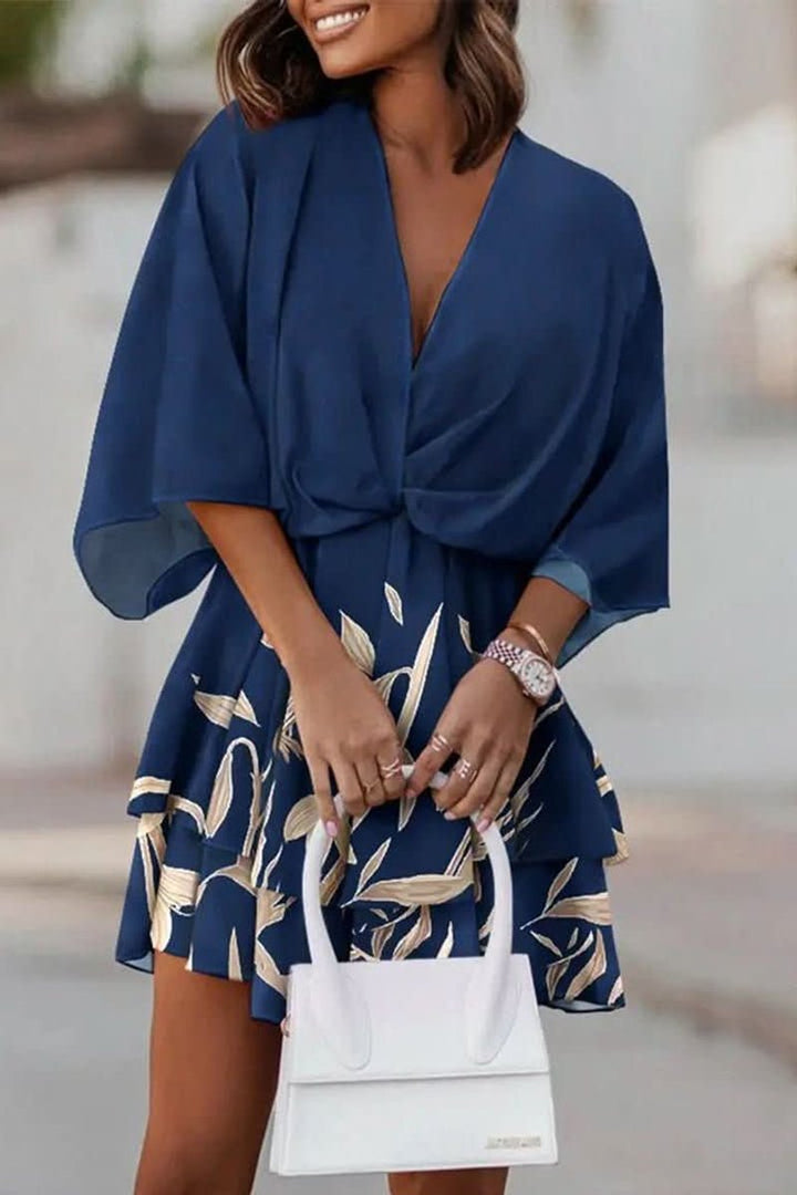 Women's Tropical Print Boho Mini Cocktail Dress Flared Tiered - Navy Blue