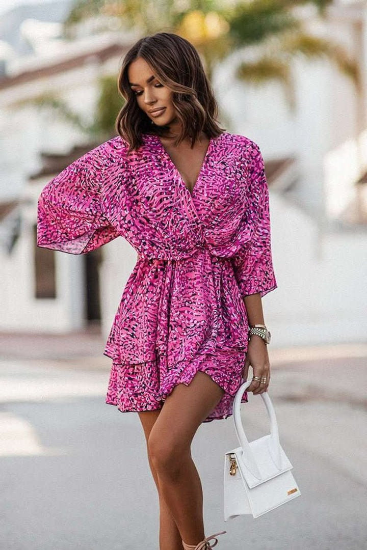 Women's Tropical Print Boho Mini Cocktail Dress Flared Tiered - Purple