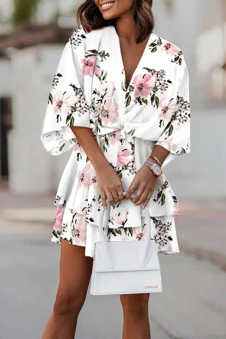 Women's Tropical Print Boho Mini Cocktail Dress Flared Tiered - White