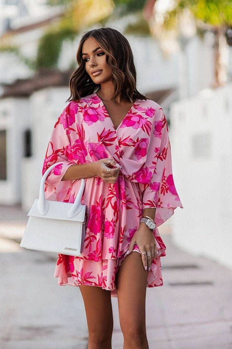 Women's Tropical Print Boho Mini Cocktail Dress Flared Tiered - Red