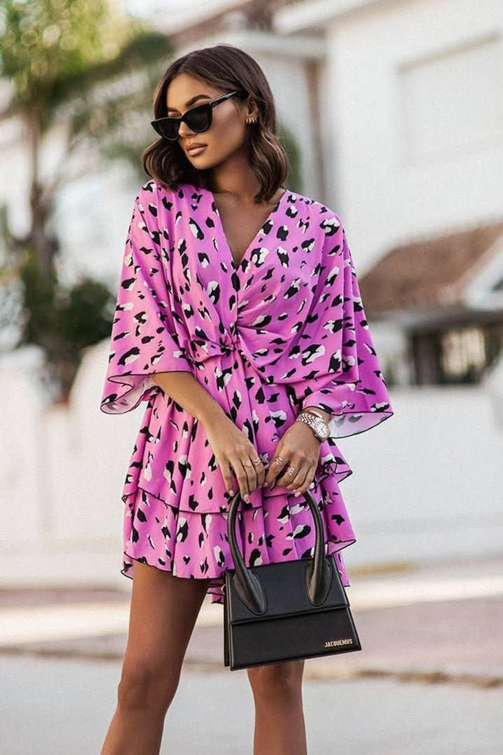 Women's Tropical Print Boho Mini Cocktail Dress Flared Tiered
