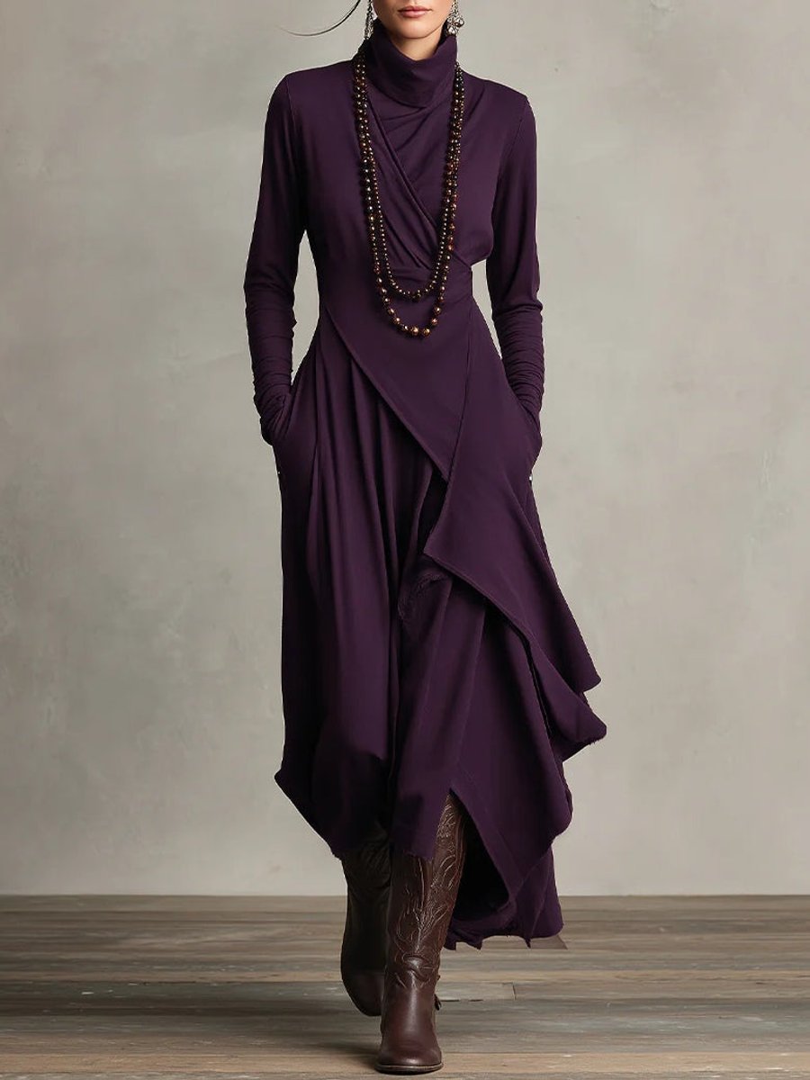 Women's Turtleneck Asymmetric Hem Flowy Long Sleeve Dress - Purple