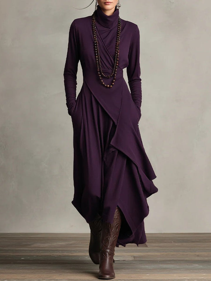 Women's Turtleneck Asymmetric Hem Flowy Long Sleeve Dress - Purple
