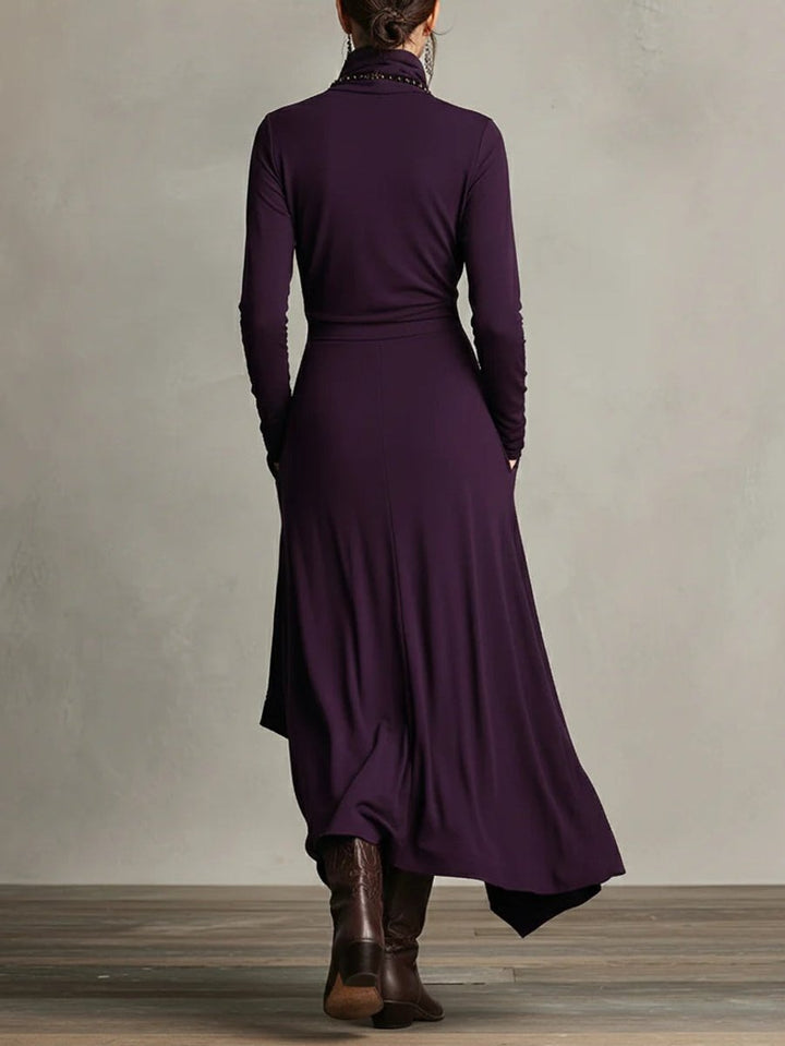 Women's Turtleneck Asymmetric Hem Flowy Long Sleeve Dress