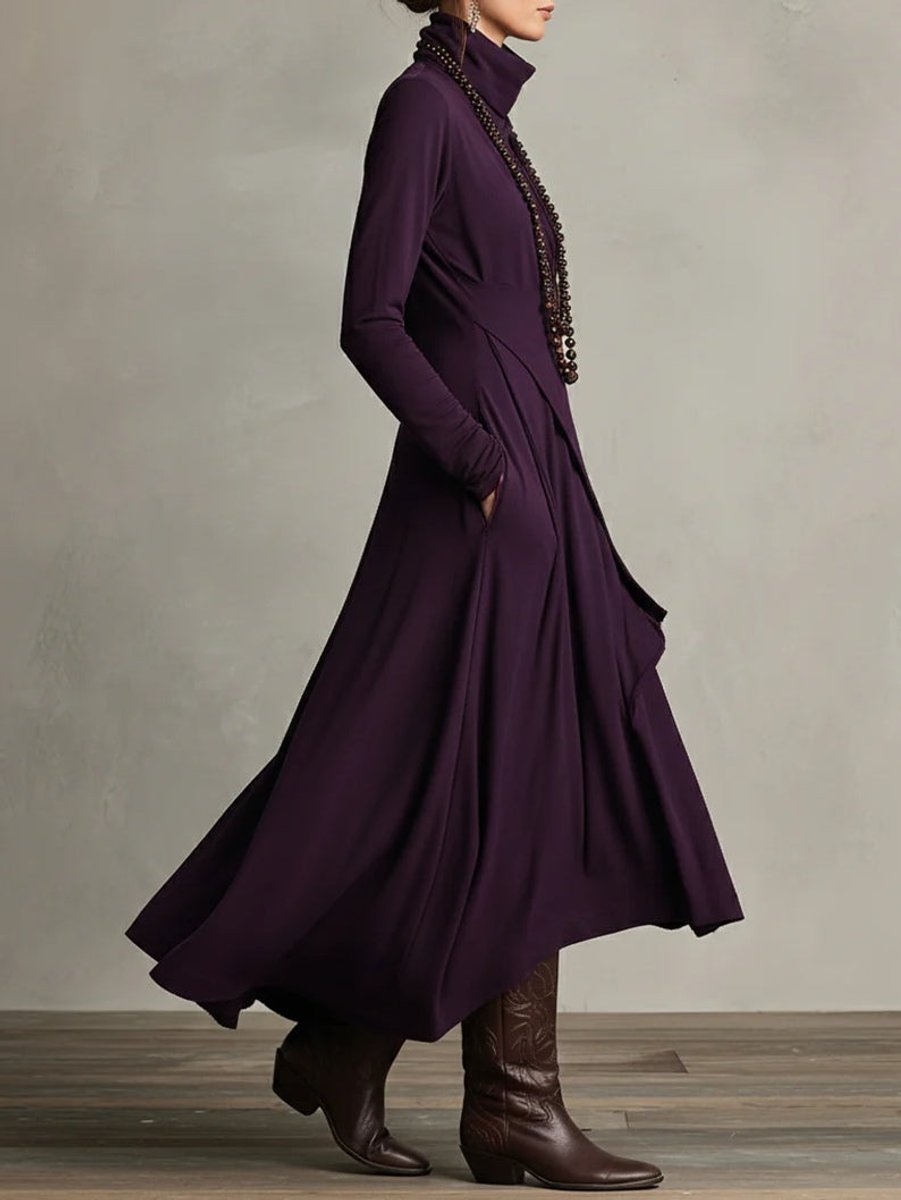 Women's Turtleneck Asymmetric Hem Flowy Long Sleeve Dress