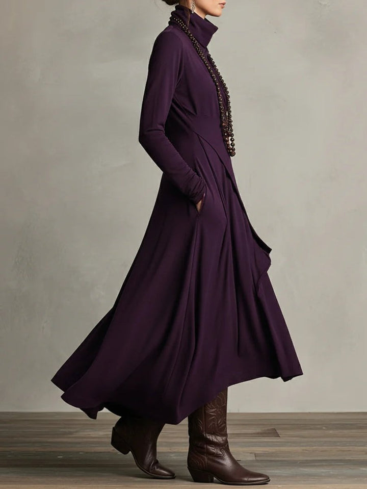 Women's Turtleneck Asymmetric Hem Flowy Long Sleeve Dress