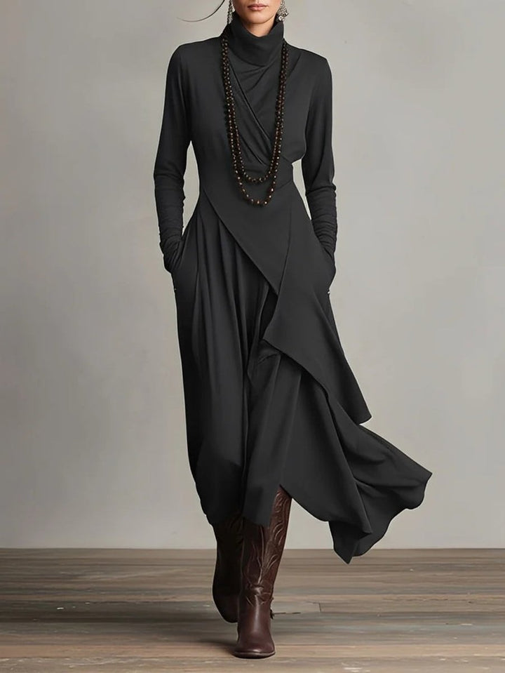 Women's Turtleneck Asymmetric Hem Flowy Long Sleeve Dress - Black