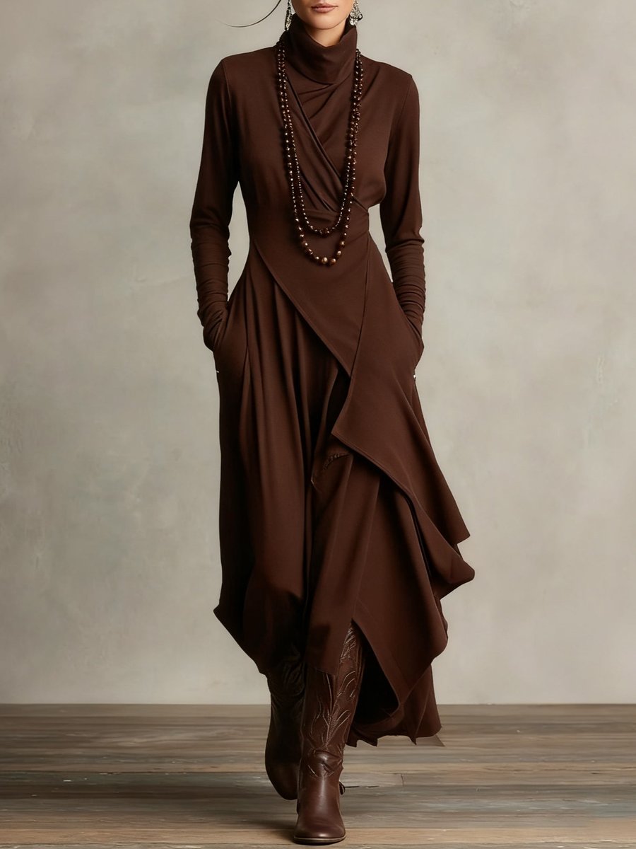 Women's Turtleneck Asymmetric Hem Flowy Long Sleeve Dress - Brown