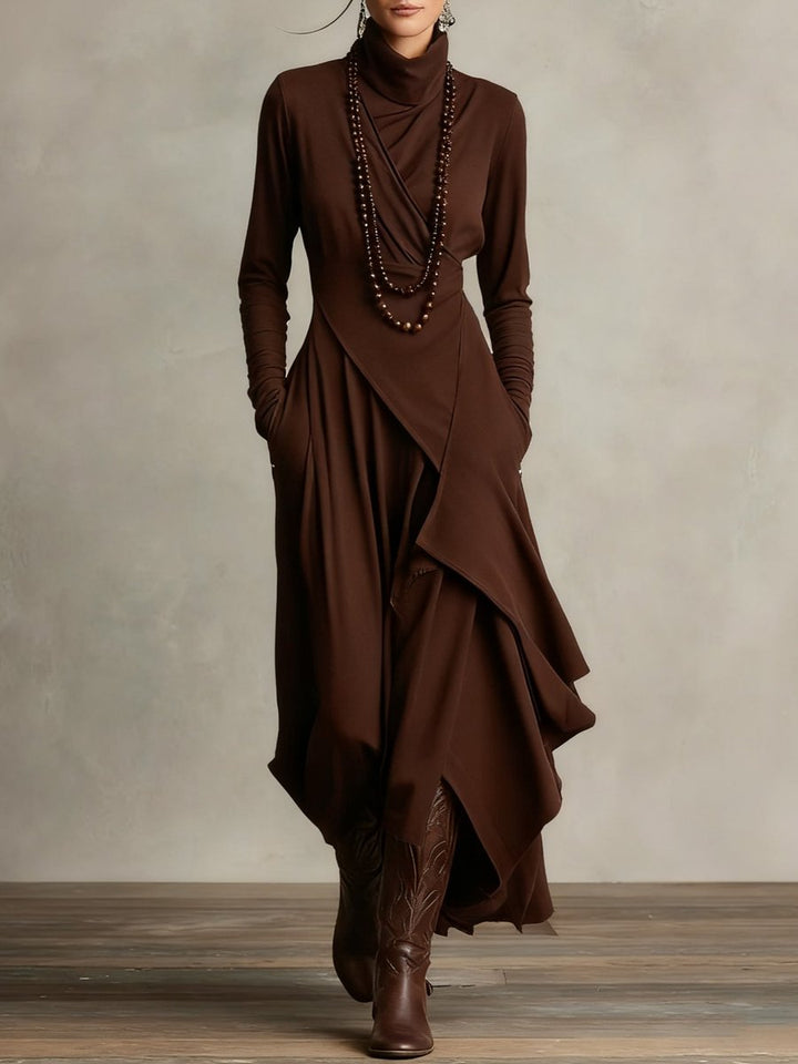 Women's Turtleneck Asymmetric Hem Flowy Long Sleeve Dress - Brown