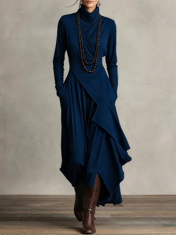 Women's Turtleneck Asymmetric Hem Flowy Long Sleeve Dress - Navy Blue