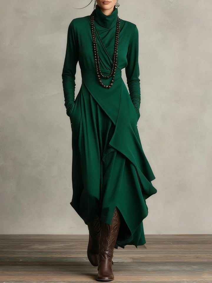 Women's Turtleneck Asymmetric Hem Flowy Long Sleeve Dress - Green