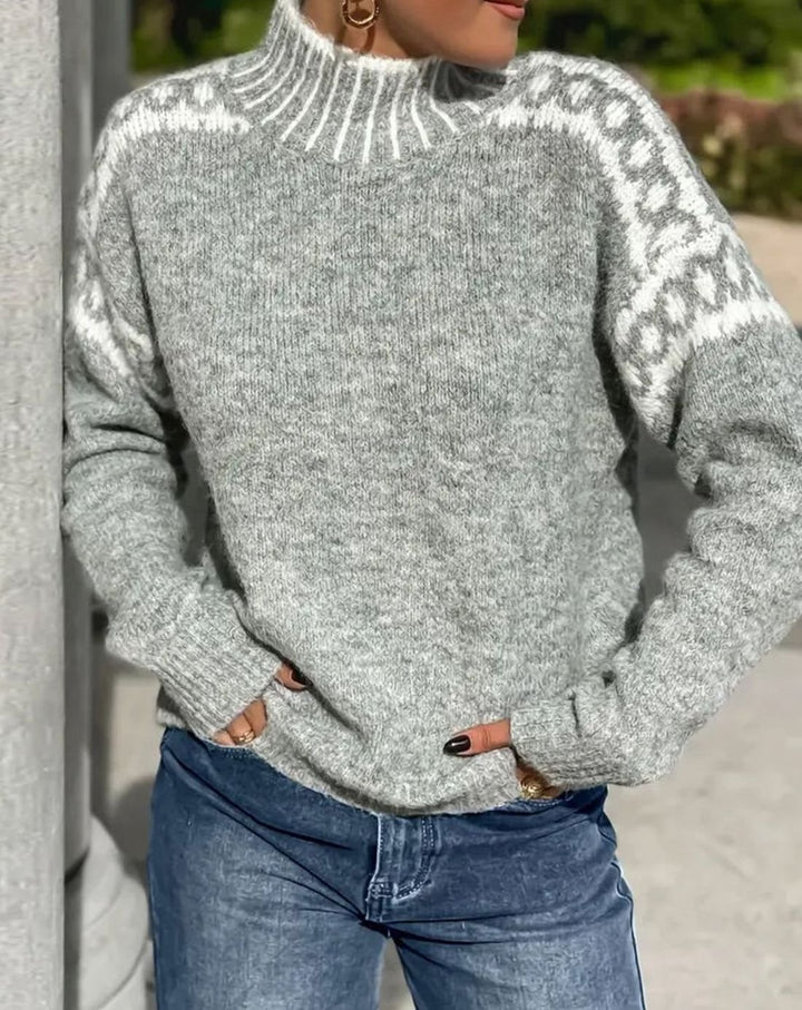 Women's Turtleneck Fair Isle Knit Relaxed-Fit Sweater - Gray