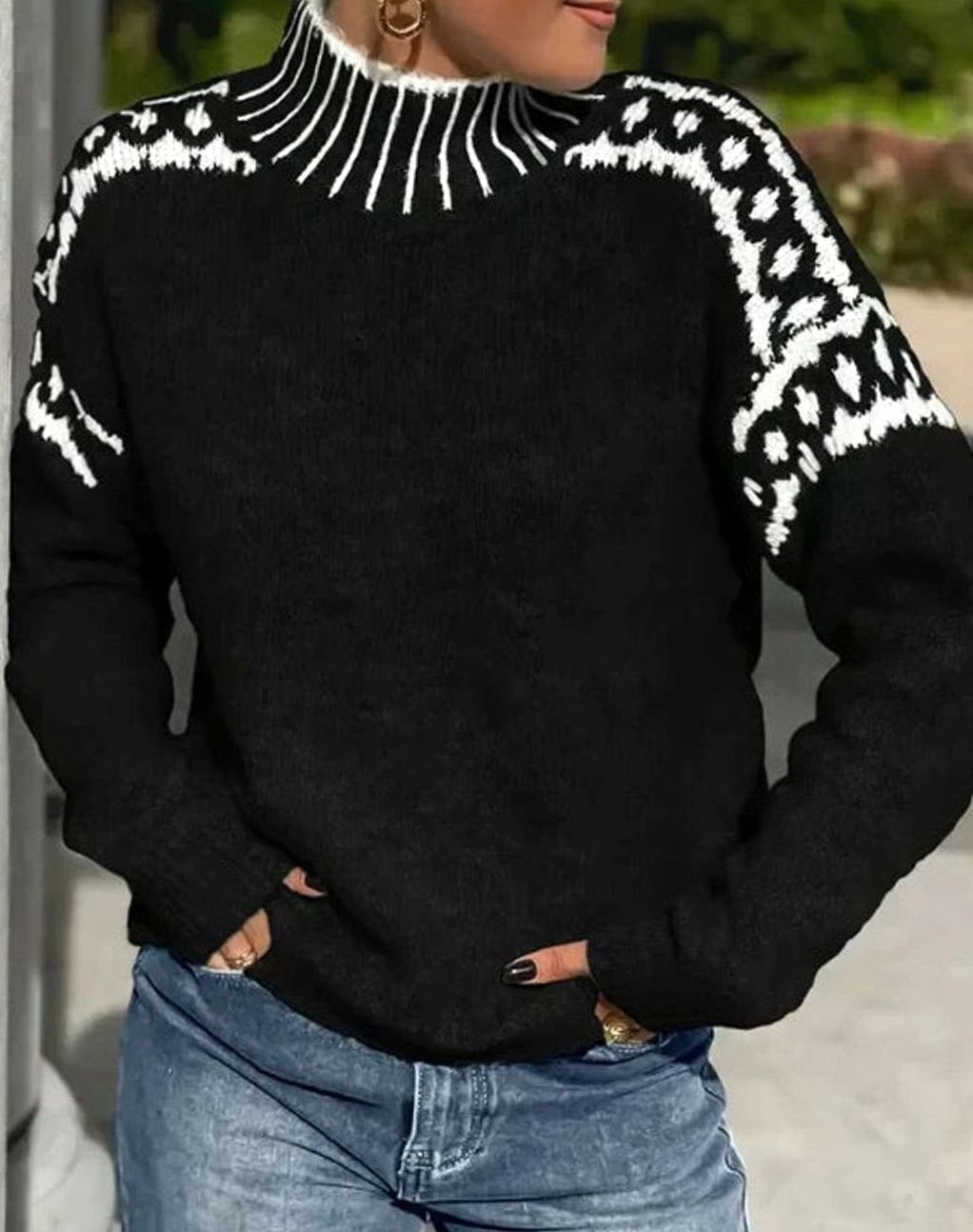 Women's Turtleneck Fair Isle Knit Relaxed-Fit Sweater - Black