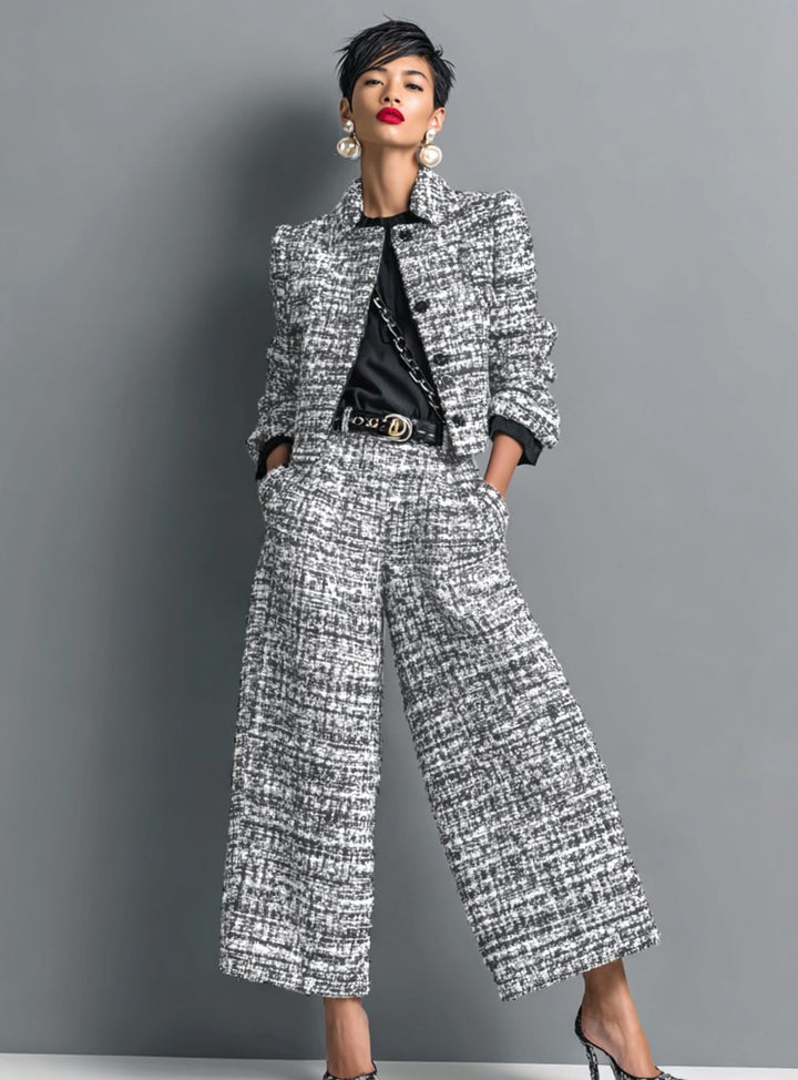 Women's Tweed Two-Piece Wide-Leg Pants Blazer Set - Gray