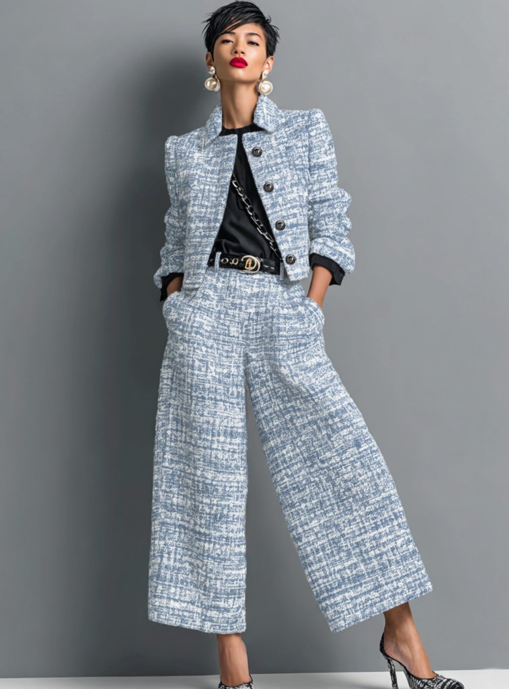 Women's Tweed Two-Piece Wide-Leg Pants Blazer Set - Blue