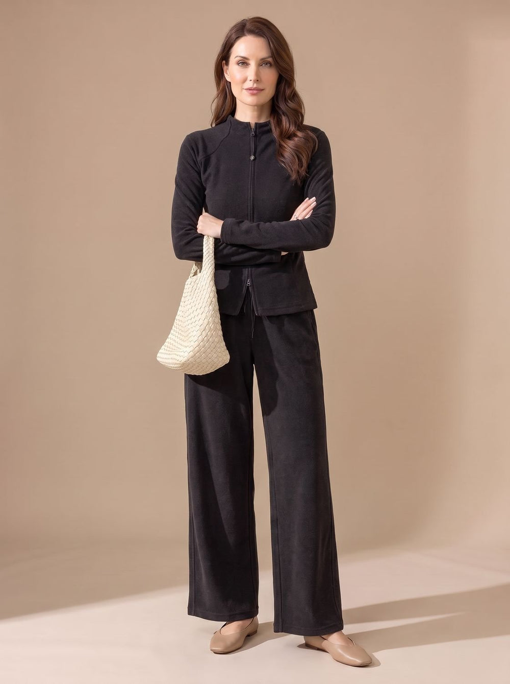 Women's Two-Piece Outfit Wide-Leg Zip-Front Sculpted Matching Set - Black