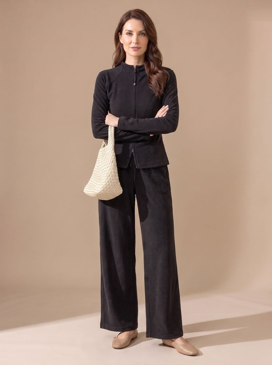 Women's Two-Piece Outfit Wide-Leg Zip-Front Sculpted Matching Set - Black