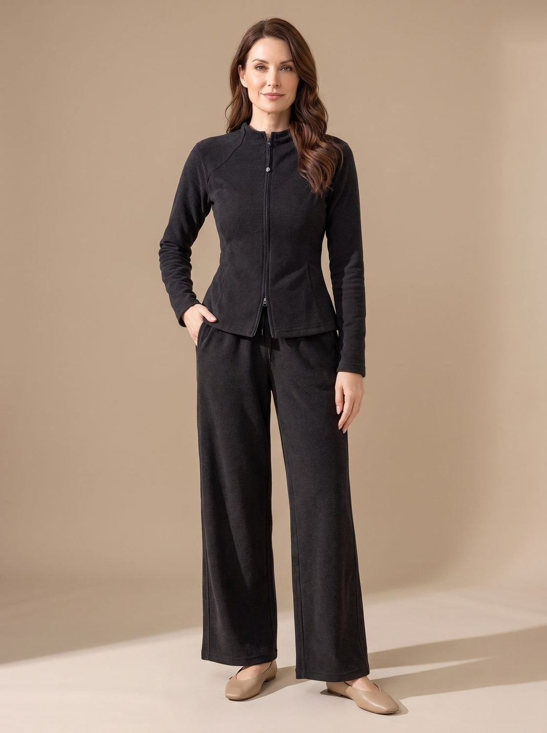 Women's Two-Piece Outfit Wide-Leg Zip-Front Sculpted Matching Set