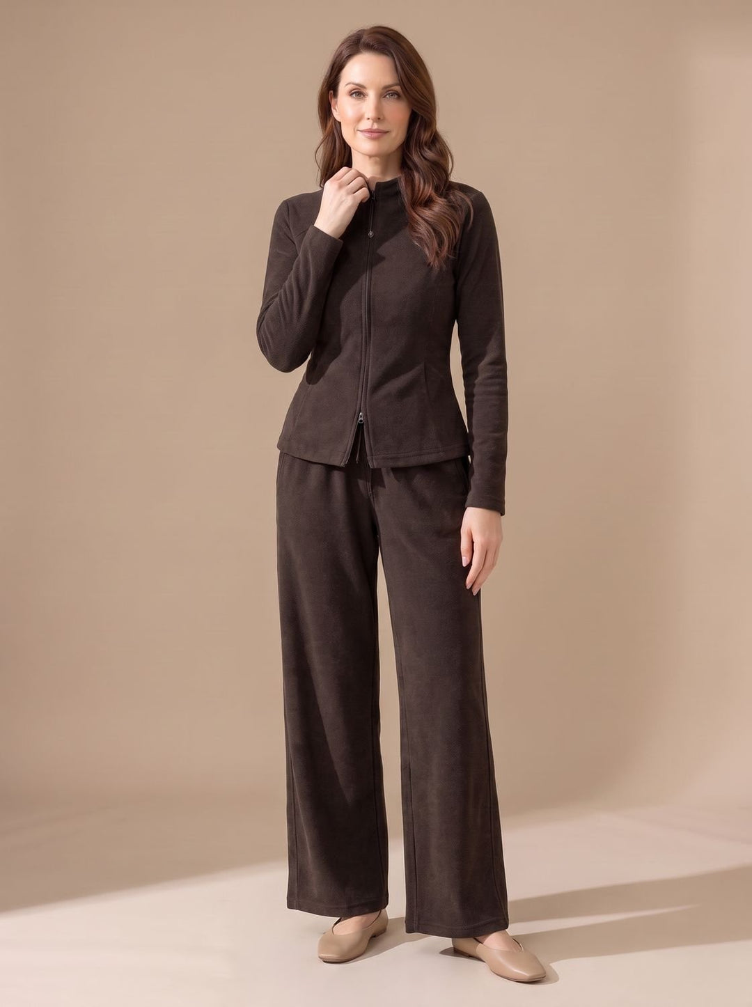 Women's Two-Piece Outfit Wide-Leg Zip-Front Sculpted Matching Set - Brown
